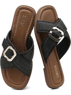 Women's Dark Black Square Toe Flat Sandals Slides Dressy Comfortable for Beach